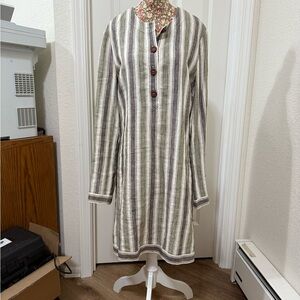 Tory Burch Olive and Cream Striped Long Sleeve Dress